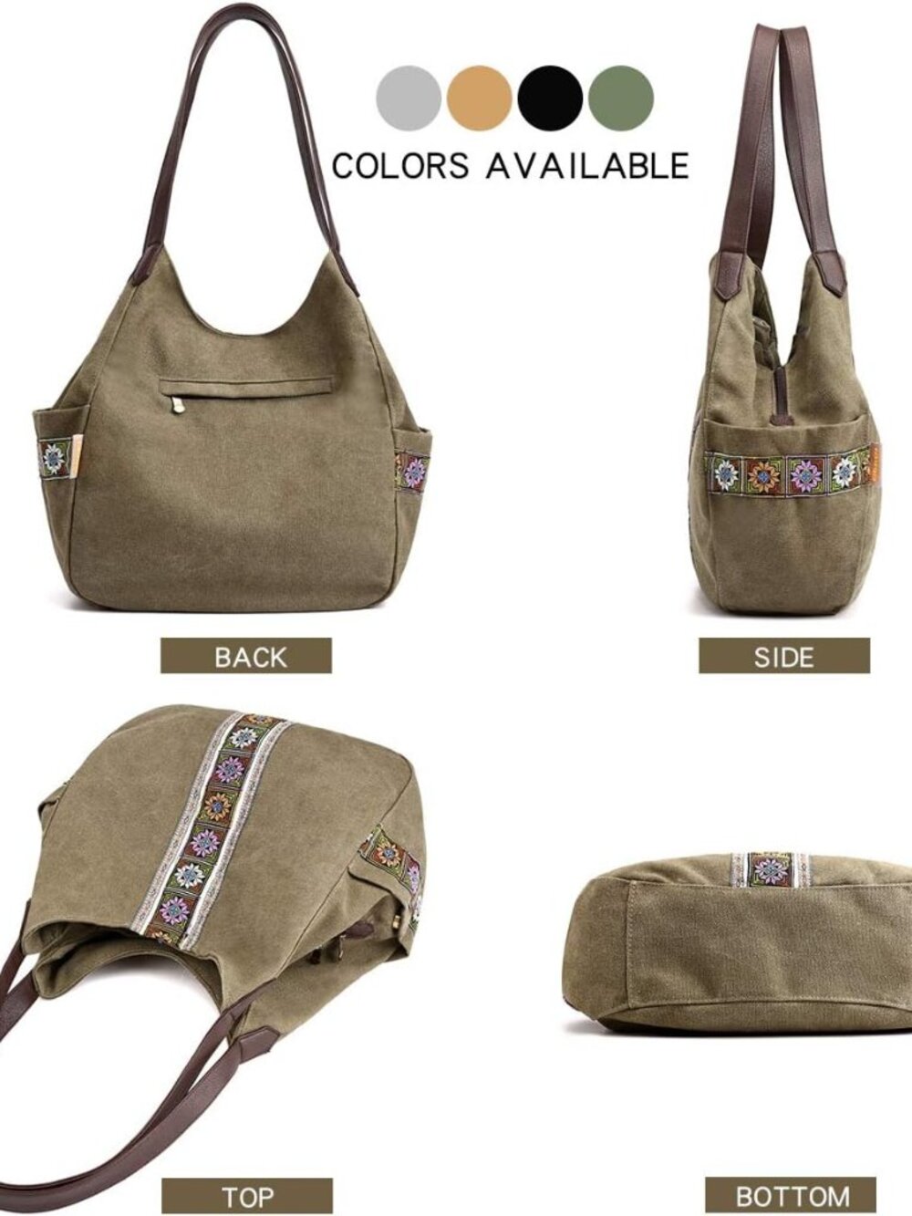 Worldlyda Women Canvas Hobo Purse Multi Pocket Tote Shopper Shoulder Bag Casual - Picture 7 of 7